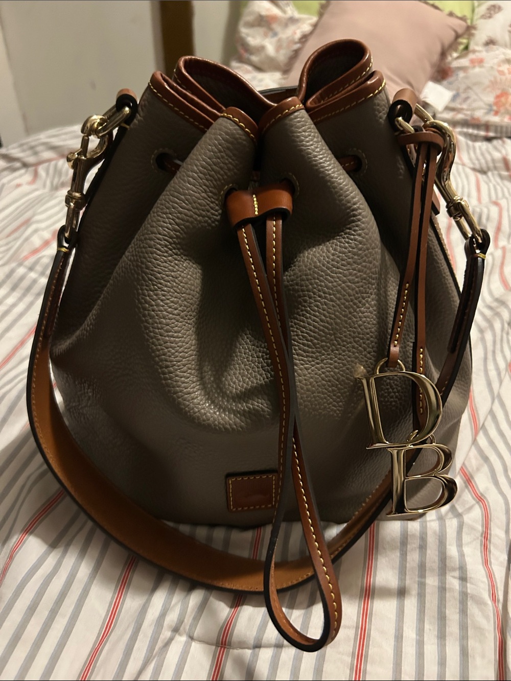 Women's Taupe Leather Drawstring Bucket Bag with Tan Trim